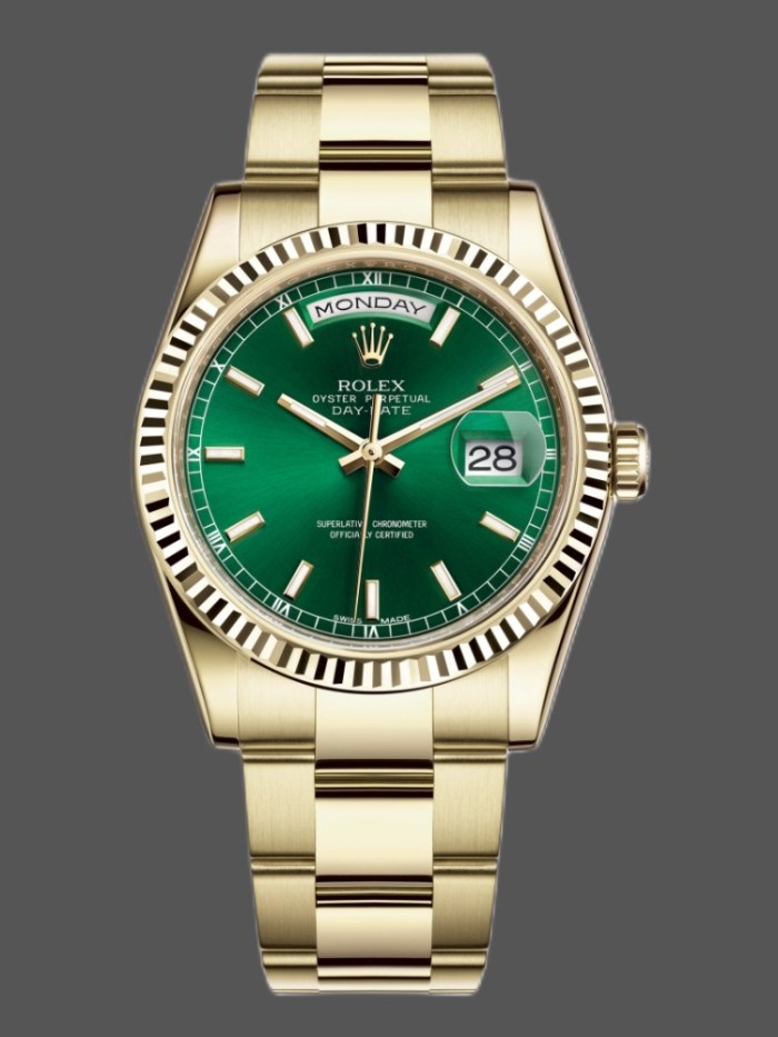 Rolex Day-Date 118238 Yellow Gold Green Dial 36mm Unisex Replica Watch