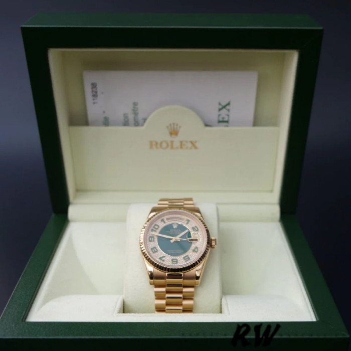 Rolex Day-Date 118238 Yellow Gold Green Diamond Pave Dial 36mm Unisex Replica Watch