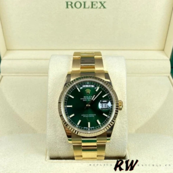 Rolex Day-Date 118238 Yellow Gold Green Dial 36mm Unisex Replica Watch