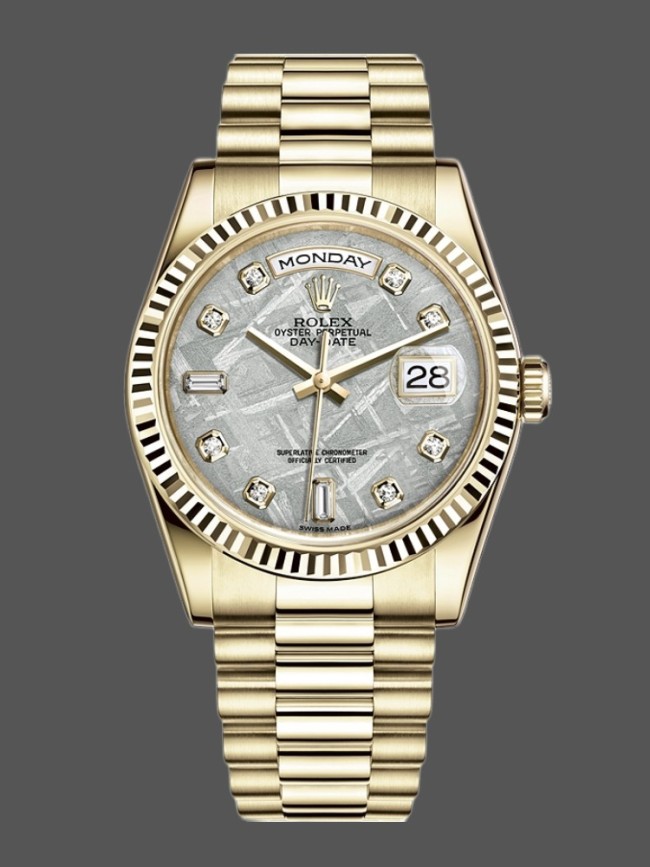 Rolex Day-Date 118238 Yellow Gold Diamond Meteorite Dial 36mm Unisex Replica Watch