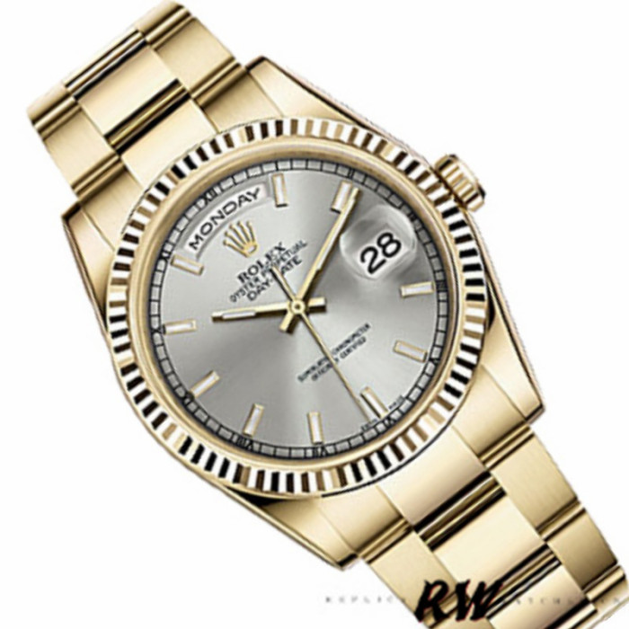 Rolex Day-Date 118238 Yellow Gold Silver dial Fluted Bezel 36mm Unisex Replica Watch
