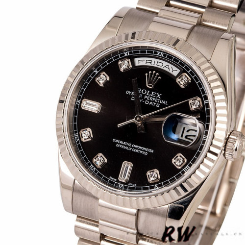 Rolex Day-Date 118239 Black Diamonds Dial Fluted Bezel 36mm Unisex Replica Watch