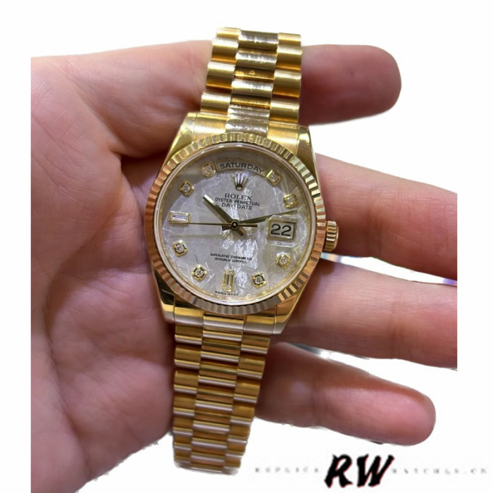 Rolex Day-Date 118238 Yellow Gold Diamond Meteorite Dial 36mm Unisex Replica Watch