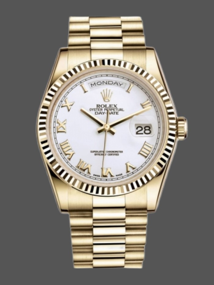 Rolex Day-Date 118238 Yellow Gold White dial Fluted Bezel 36mm Unisex Replica Watch