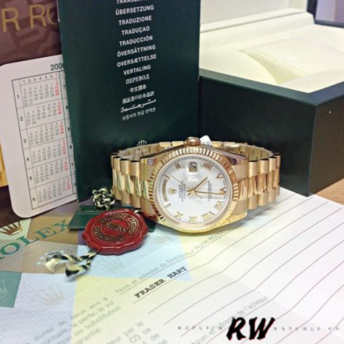 Rolex Day-Date 118238 Yellow Gold White dial Fluted Bezel 36mm Unisex Replica Watch