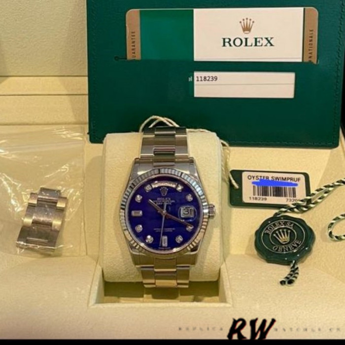 Rolex Day-Date 118239 White Gold Diamond Lapis Lazuli Blue Dial 36mm Unisex Replica Watch