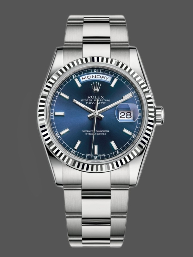 Rolex Day-Date 118239 White Gold Blue Dial Fluted Bezel 36mm Unisex Replica Watch