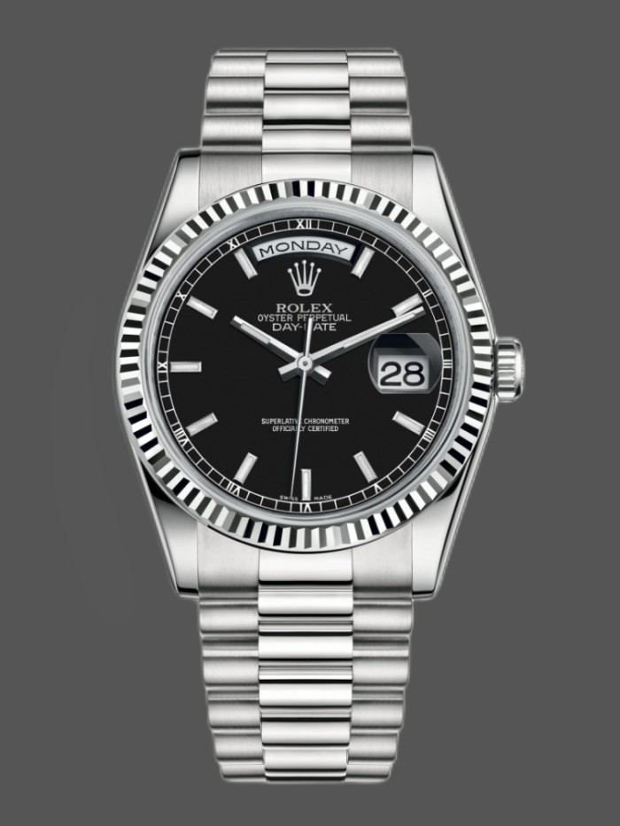 Rolex Day-Date 118239 White Gold Black Dial Fluted Bezel 36mm Unisex Replica Watch