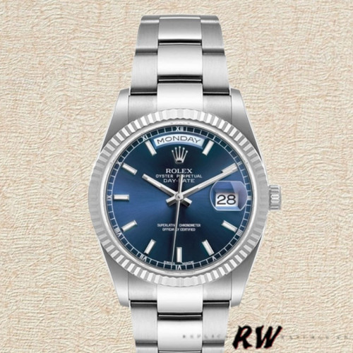 Rolex Day-Date 118239 White Gold Blue Dial Fluted Bezel 36mm Unisex Replica Watch