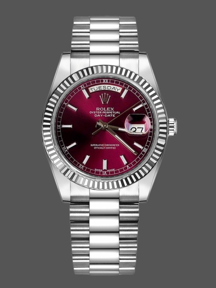 Rolex Day-Date 118239 Cherry Red Dial Fluted Bezel 36mm Lady Replica Watch