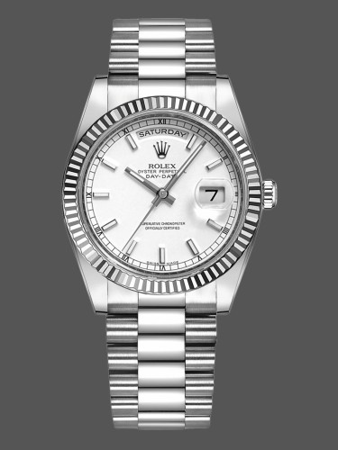 Rolex Day-Date 118239 White Gold White Dial Fluted Bezel 36mm Unisex Replica Watch