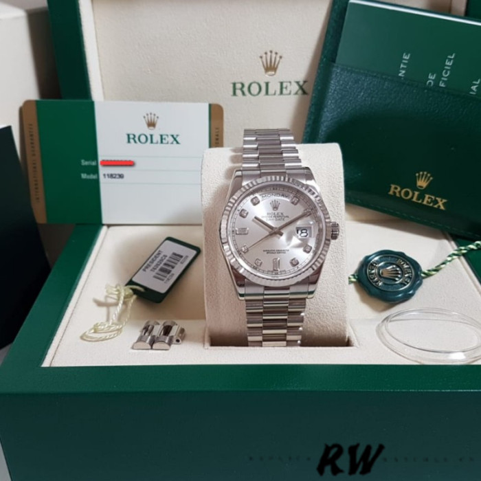 Rolex Day-Date 118239 Silver Diamond Dial 36mm Unisex Replica Watch