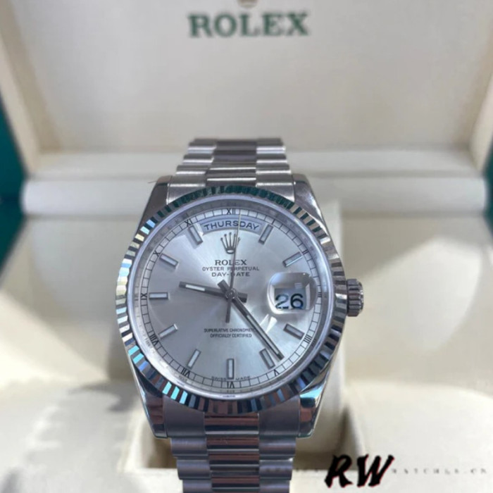 Rolex Day-Date 118239 White Gold Silver dial Fluted Bezel 36mm Unisex Replica Watch