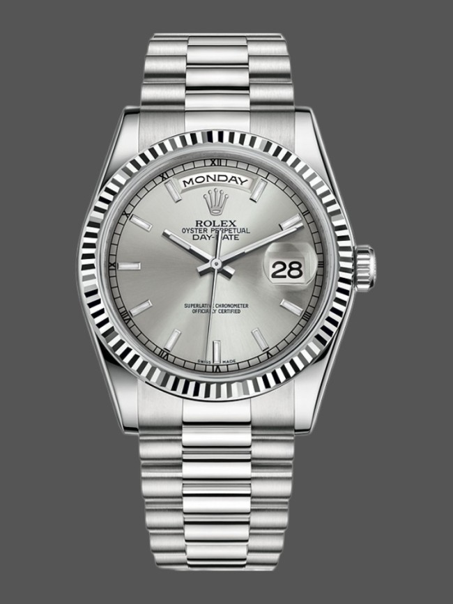 Rolex Day-Date 118239 White Gold Silver dial Fluted Bezel 36mm Unisex Replica Watch