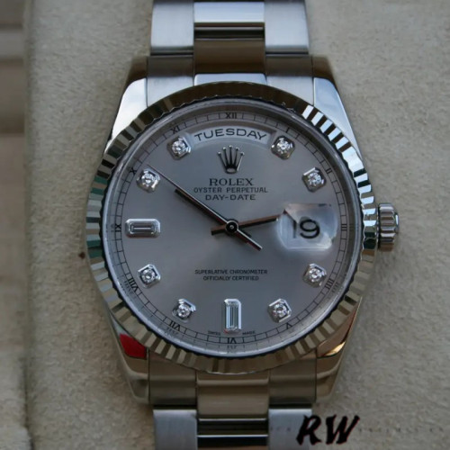 Rolex Day-Date 118239 Silver Diamond Dial fluted bezel 36mm Unisex Replica Watch