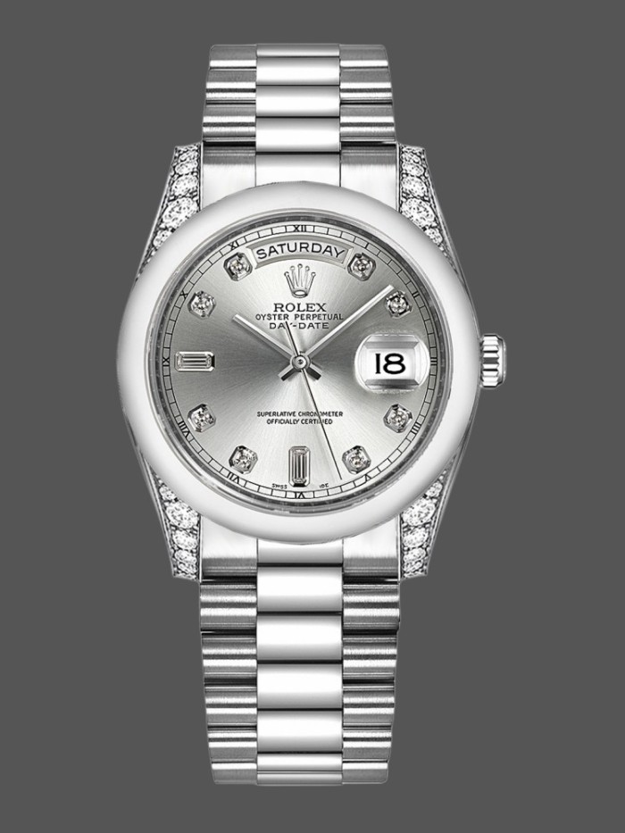 Rolex Day-Date 118296 Platinum Silver Dial Diamond 36mm Unisex Replica Watch