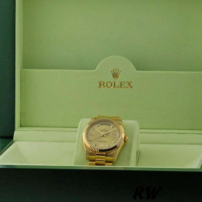 Rolex Day-Date 118338 Yellow Gold Champagne Diamonds Dial 36mm Unisex Replica Watch