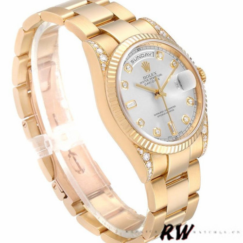 Rolex Day-Date 118338 Yellow gold Silver Diamond dial 36mm Unisex Replica Watch