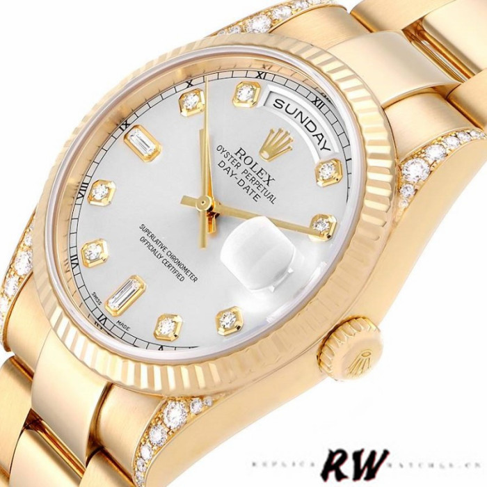 Rolex Day-Date 118338 Yellow gold Silver Diamond dial 36mm Unisex Replica Watch