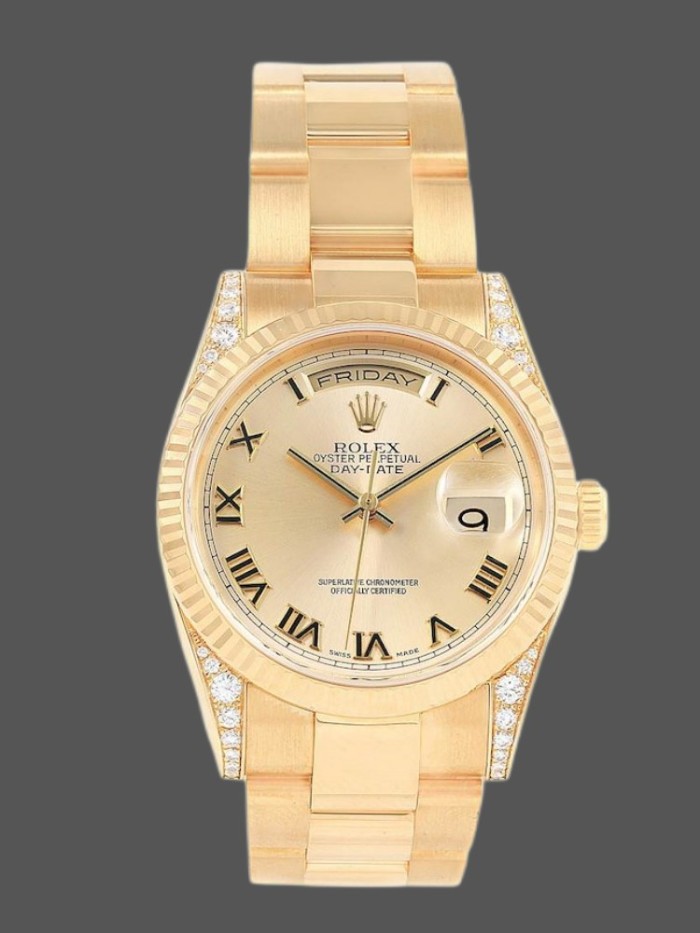 Rolex Day-Date 118338 Yellow gold Champagne Dial Roman Numerals 36mm Unisex Replica Watch