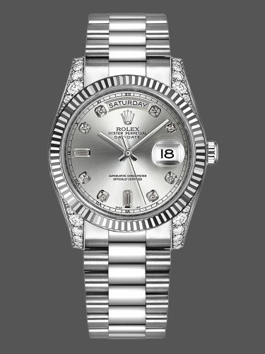 Rolex Day Date 118339 White Gold Silver Dial Fluted Bezel 36mm Unisex Replica Watch