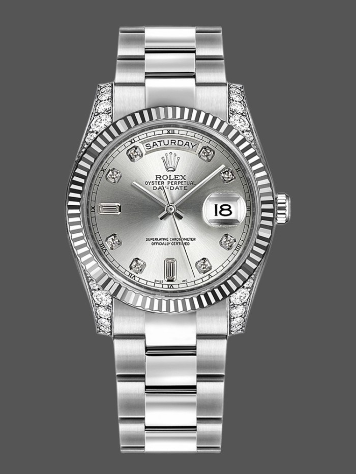 Rolex Day Date 118339 Silver Dial Fluted Bezel 36mm Unisex Replica Watch