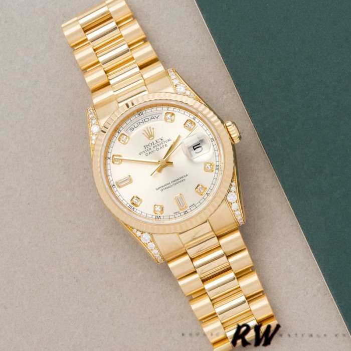 Rolex Day-Date 118338 Yellow gold Silver dial 36mm Unisex Replica Watch