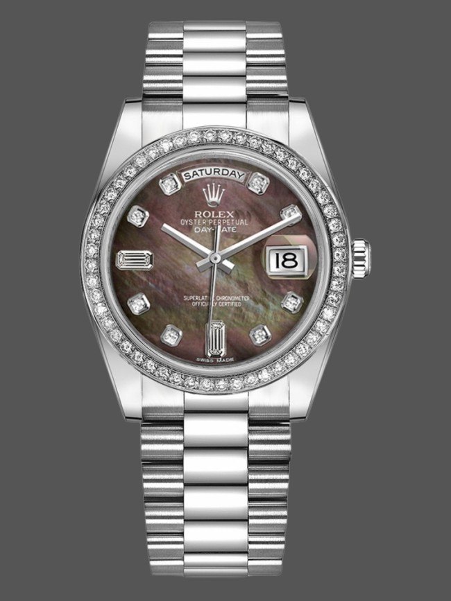 Rolex Day Date 118346 Black MOP Dial Platinum 36mm Unisex Replica Watch