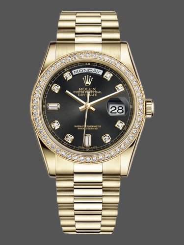 Rolex Day Date 118348 Yellow Gold Black Diamond Dial 36mm Unisex Replica Watch