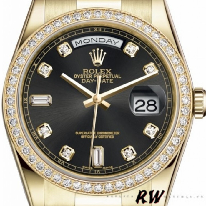 Rolex Day Date 118348 Yellow Gold Black Diamond Dial 36mm Unisex Replica Watch