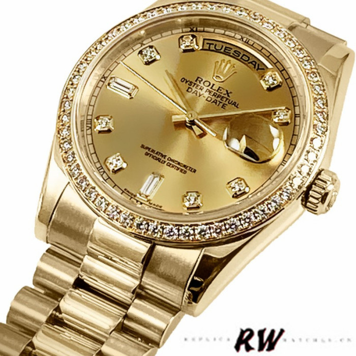 Rolex Day Date 118348 Champagne diamond Dial Yellow Gold 36mm Unisex Replica Watch