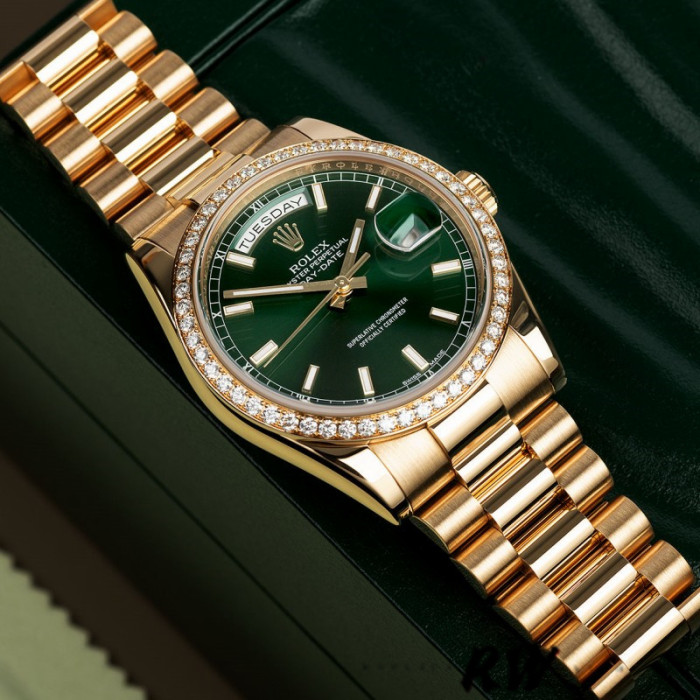 Rolex Day Date 118348 Green Index Dial Yellow Gold 36mm Unisex Replica Watch