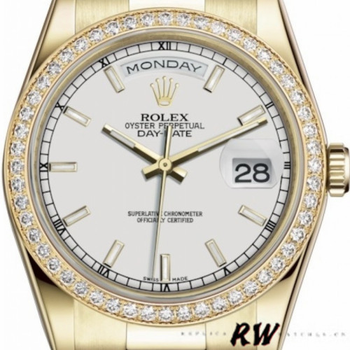 Rolex Day-Date 118348 Yellow Gold White Dial 36mm Unisex Replica Watch
