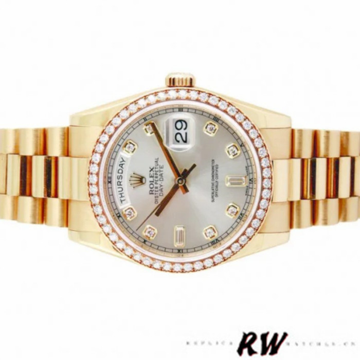 Rolex Day-Date 118348 Silver Diamond Dial 36mm Unisex Replica Watch