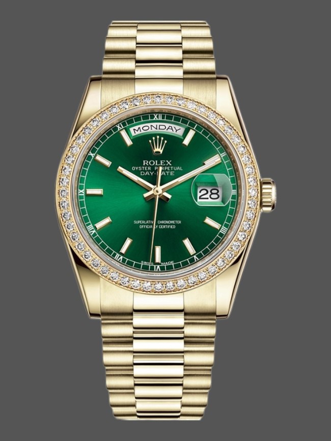 Rolex Day Date 118348 Green Index Dial Yellow Gold 36mm Unisex Replica Watch