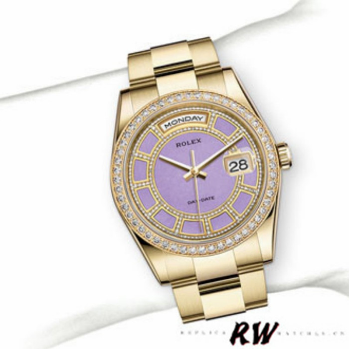 Rolex Day Date 118348 Lavender Jade Carousel Dial Yellow Gold 36mm Unisex Replica Watch
