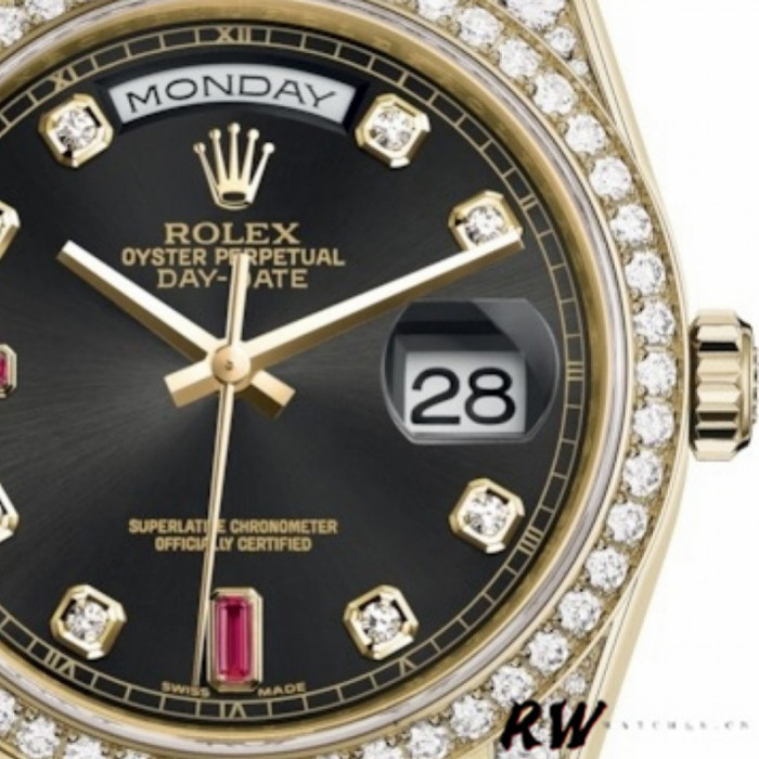 Rolex Day-Date 118388 Yellow Gold Black Diamond Rubies Dial 36mm Unisex Replica Watch