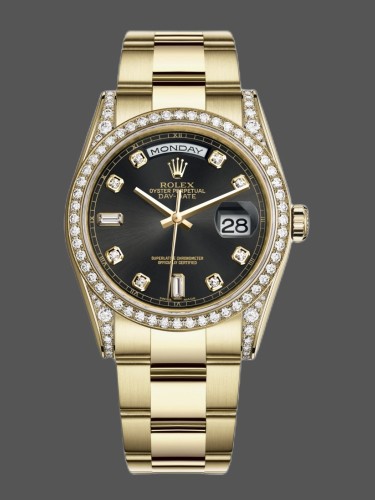 Rolex Day-Date 118388 yellow gold Black Diamond Dial 36mm Unisex Replica Watch