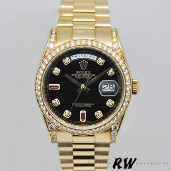 Rolex Day-Date 118388 Yellow Gold Black Diamond Rubies Dial 36mm Unisex Replica Watch