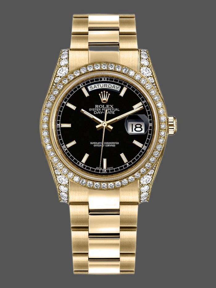 Rolex Day-Date 118388 Yellow Gold Black Index Dial 36mm Unisex Replica Watch