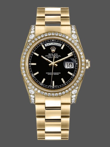 Rolex Day-Date 118388 Yellow Gold Black Index Dial 36mm Unisex Replica Watch