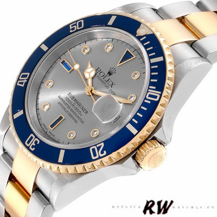 Rolex Submariner 16613 Steel Gold Diamond Sapphire Serti Dial 40mm Mens Replica Watch