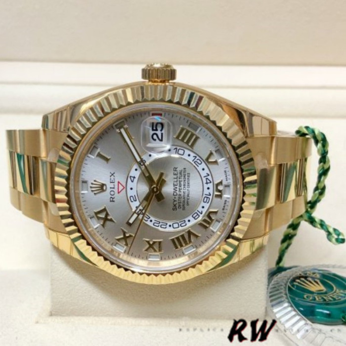 Rolex Sky-Dweller 326938 Yellow Gold Silver Dial 42mm Mens Replica Watch