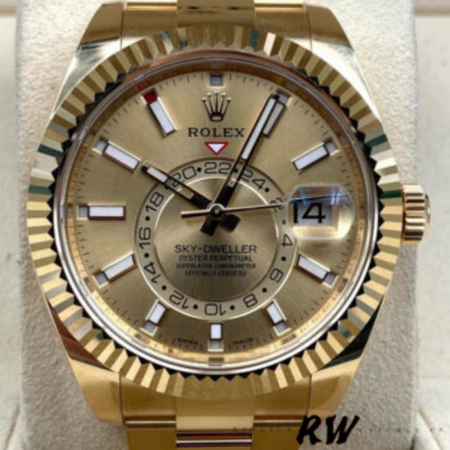 Rolex Sky-Dweller 326938 Yellow Gold Champagne Dial 42mm Mens Replica Watch