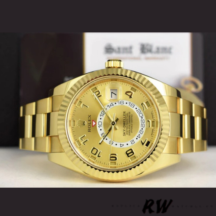 Rolex Sky-Dweller 326938 Yellow Gold Champagne Arabic Dial 42mm Mens Replica Watch