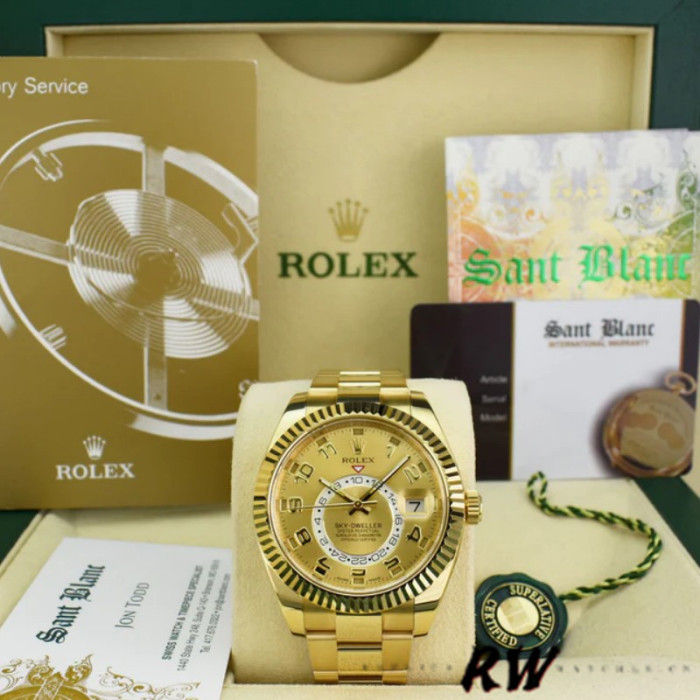 Rolex Sky-Dweller 326938 Yellow Gold Champagne Arabic Dial 42mm Mens Replica Watch