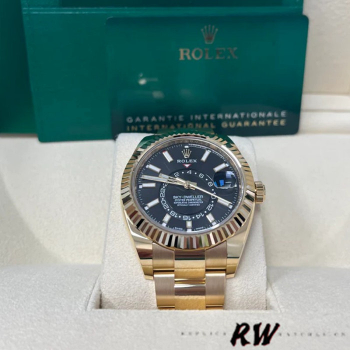 Rolex Sky-Dweller 326938 Yellow Gold Black Dial 42mm Mens Replica Watch