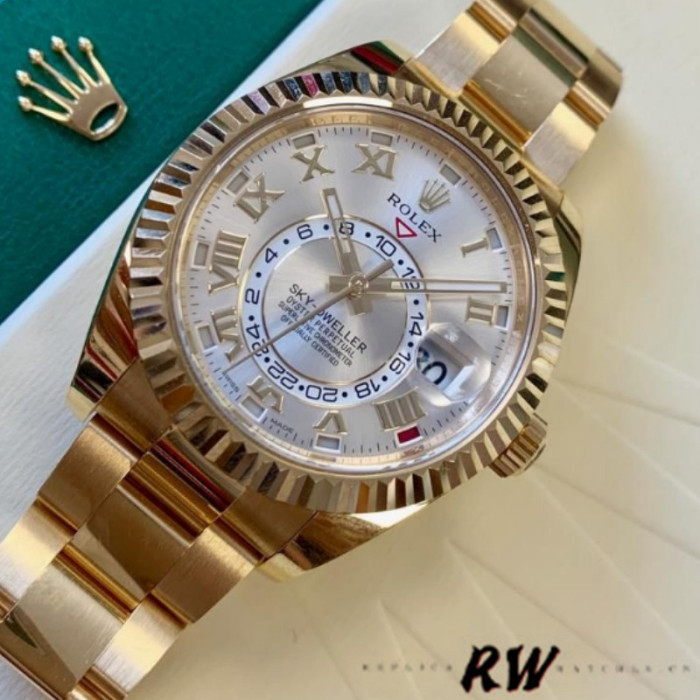 Rolex Sky-Dweller 326938 Yellow Gold Silver Dial 42mm Mens Replica Watch
