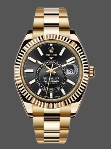 Rolex Sky-Dweller 326938 Yellow Gold Black Dial 42mm Mens Replica Watch