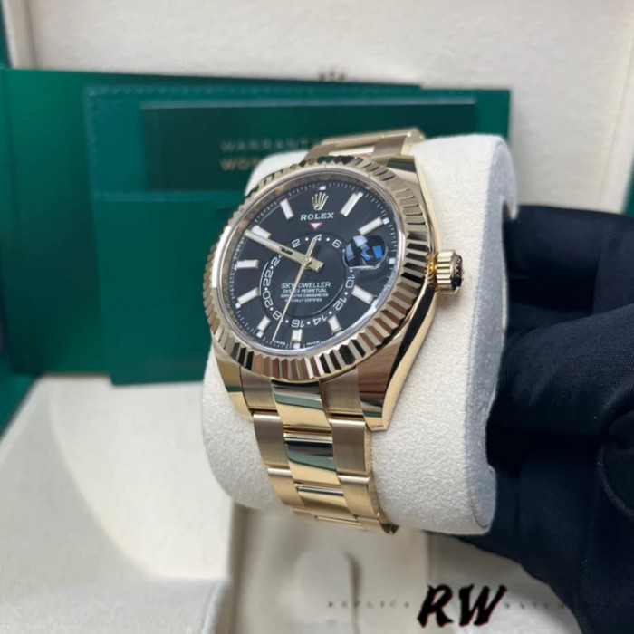 Rolex Sky-Dweller 326938 Yellow Gold Black Dial 42mm Mens Replica Watch